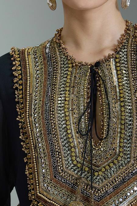 Nakul Sen_Black Chiffon Cut Work, Sequins, Beads Cutdana Embroidered Kurta Set _Online_at_Aza_Fashions