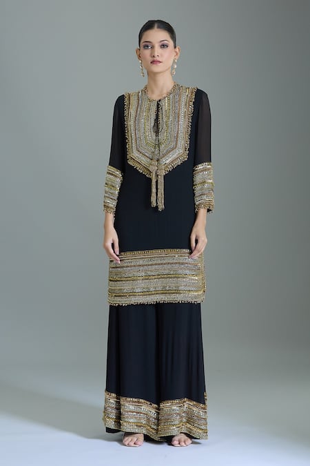 Shop_Nakul Sen_Black Chiffon Cut Work, Sequins, Beads Cutdana Embroidered Kurta Set _Online_at_Aza_Fashions