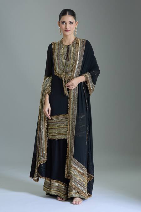 Nakul Sen_Black Chiffon Cut Work, Sequins, Beads Cutdana Embroidered Kurta Set _at_Aza_Fashions