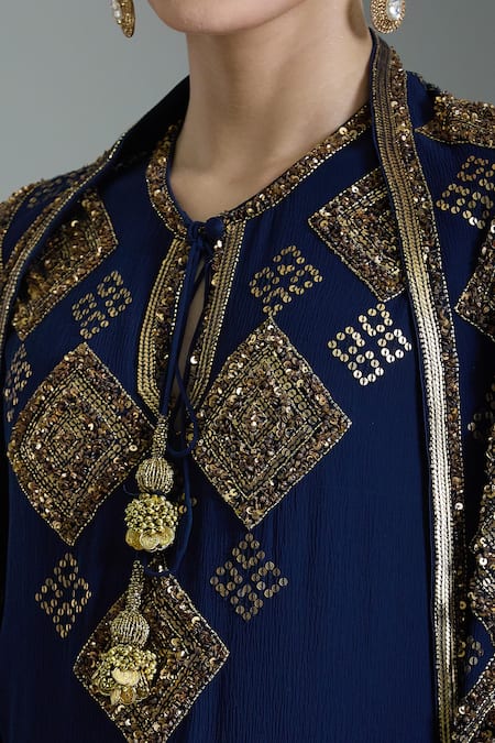 Nakul Sen_Blue Chiffon Cut Work, Tassels, Embroidery Geometric Cutdana Kurta Set _Online_at_Aza_Fashions