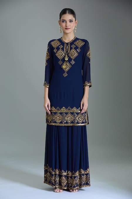 Shop_Nakul Sen_Blue Chiffon Cut Work, Tassels, Embroidery Geometric Cutdana Kurta Set _Online_at_Aza_Fashions