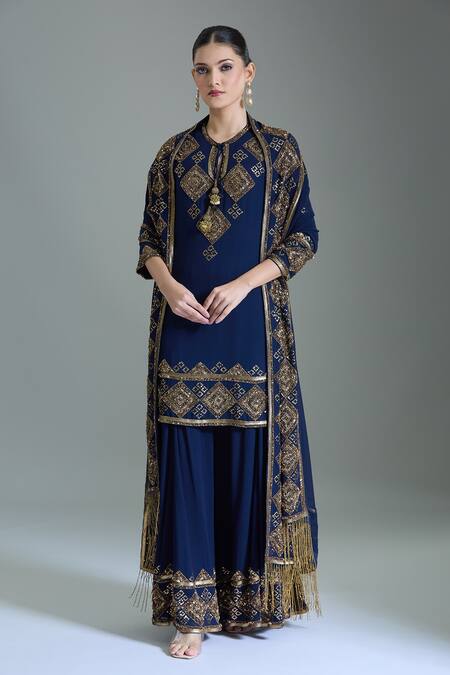 Nakul Sen_Blue Chiffon Cut Work, Tassels, Embroidery Geometric Cutdana Kurta Set _at_Aza_Fashions