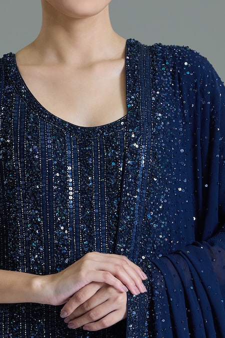 Buy_Nakul Sen_Navy Chiffon Sequins, Tassels Round Neck Blue Embroidered Kurta Set _Online_at_Aza_Fashions