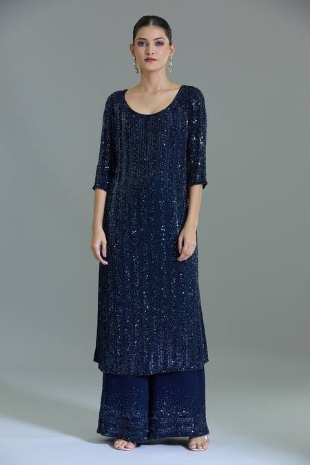 Shop_Nakul Sen_Navy Chiffon Sequins, Tassels Round Neck Blue Embroidered Kurta Set _Online_at_Aza_Fashions