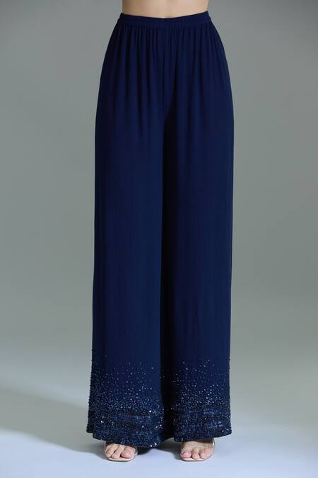 Nakul Sen_Navy Chiffon Sequins, Tassels Round Neck Blue Embroidered Kurta Set _at_Aza_Fashions