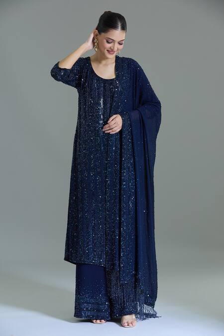 Buy_Nakul Sen_Navy Chiffon Sequins, Tassels Round Neck Blue Embroidered Kurta Set 