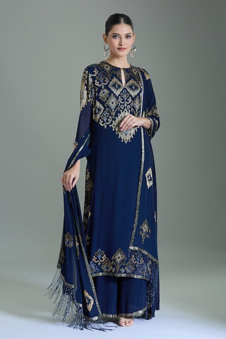 Nakul Sen_Blue Chiffon Cut Work, Embroidery, Tassels Keyhole Neck Geometric Kurta Set _Online_at_Aza_Fashions