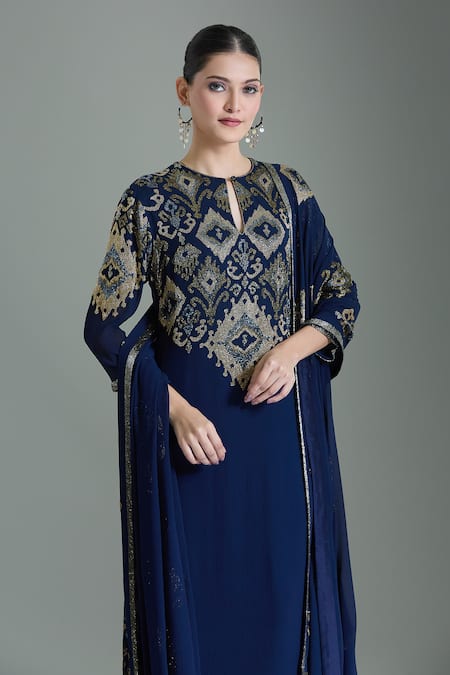 Buy_Nakul Sen_Blue Chiffon Cut Work, Embroidery, Tassels Keyhole Neck Geometric Kurta Set _Online_at_Aza_Fashions