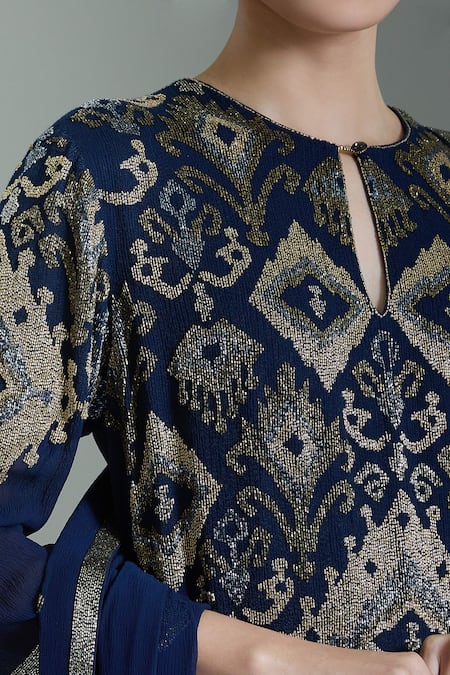 Shop_Nakul Sen_Blue Chiffon Cut Work, Embroidery, Tassels Keyhole Neck Geometric Kurta Set _Online_at_Aza_Fashions