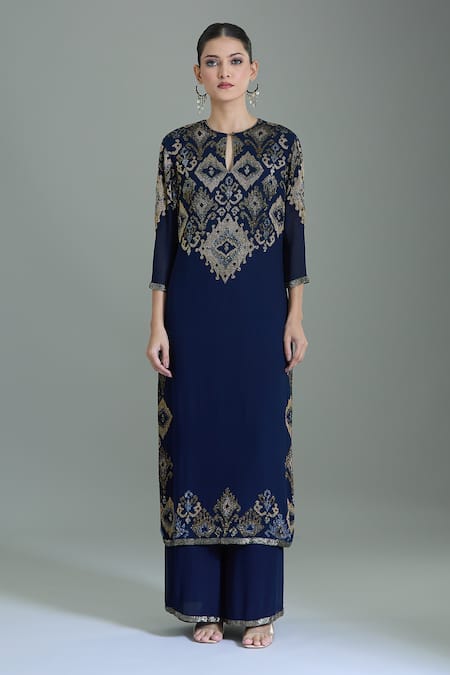 Nakul Sen_Blue Chiffon Cut Work, Embroidery, Tassels Keyhole Neck Geometric Kurta Set _at_Aza_Fashions