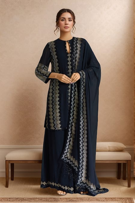 Nakul Sen Zig Zag Embroidered Kurta Palazzo Set 