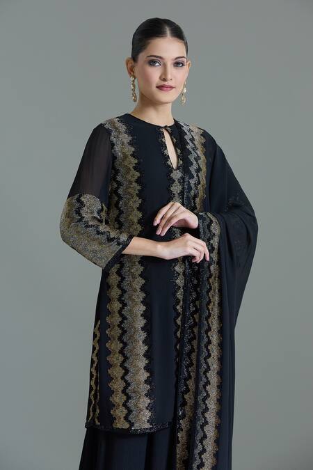 Nakul Sen_Blue Chiffon Cut Work, Embroidery, Tassels Keyhole Zig Zag Kurta Sharara Set _Online_at_Aza_Fashions