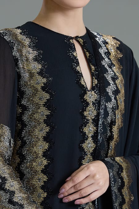 Buy_Nakul Sen_Blue Chiffon Cut Work, Embroidery, Tassels Keyhole Zig Zag Kurta Sharara Set _Online_at_Aza_Fashions