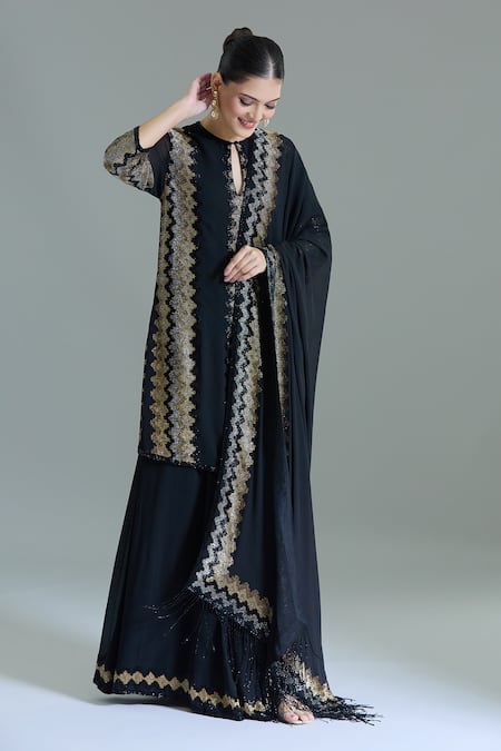 Buy_Nakul Sen_Blue Chiffon Cut Work, Embroidery, Tassels Keyhole Zig Zag Kurta Sharara Set 