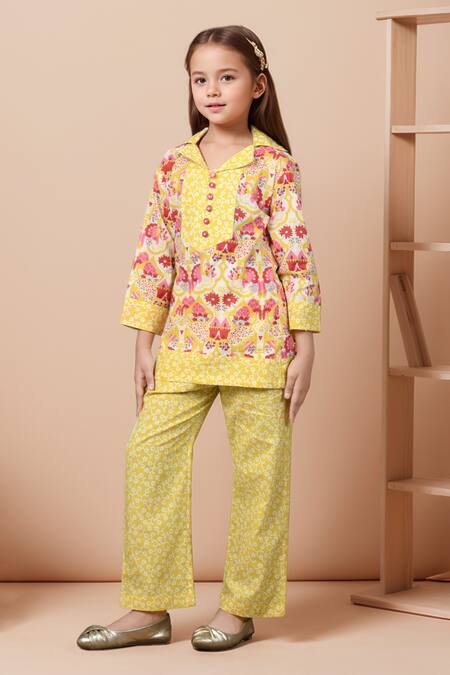 Buy_Samyukta Singhania_Yellow Cotton Embroidery Floral Bird Print Tunic And Pant Set_Online_at_Aza_Fashions