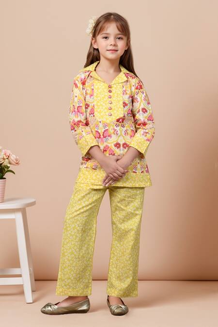 Shop_Samyukta Singhania_Yellow Cotton Embroidery Floral Bird Print Tunic And Pant Set_Online_at_Aza_Fashions