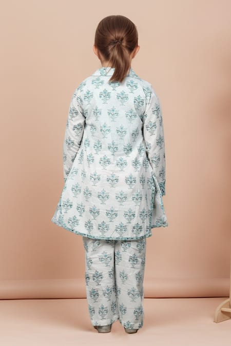 Petite Pomme Floral Block Print Kurta Set With Crop Jacket 