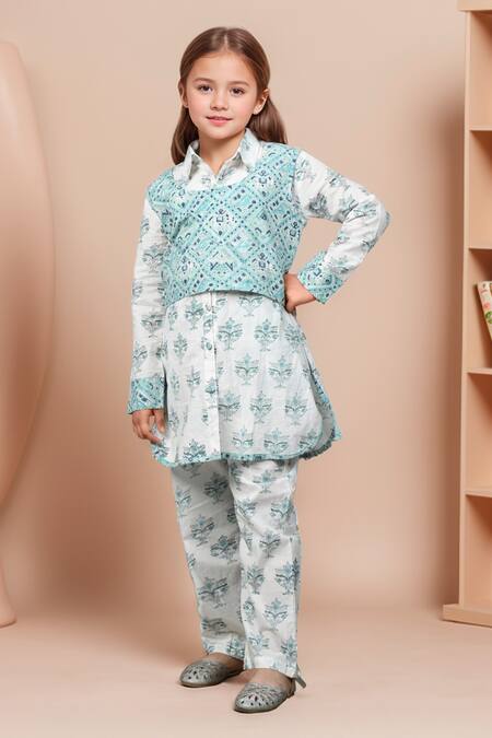 Petite Pomme White Cotton Embroidery Floral Block Print Kurta Set With Crop Jacket Online at Aza Fashions Petite Pomme_White Cotton Embroidery Floral Block Print Kurta Set With Crop Jacket _Online_at_Aza_Fashions