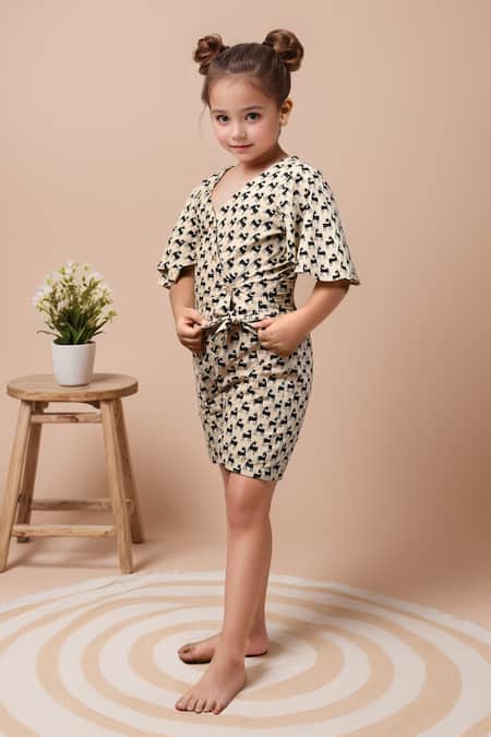 Petite Pomme Beige Cotton Reindeer Whisper Print Wrap Top And Shorts Online at Aza Fashions Petite Pomme_Beige Cotton Reindeer Whisper Print Wrap Top And Shorts _Online_at_Aza_Fashions