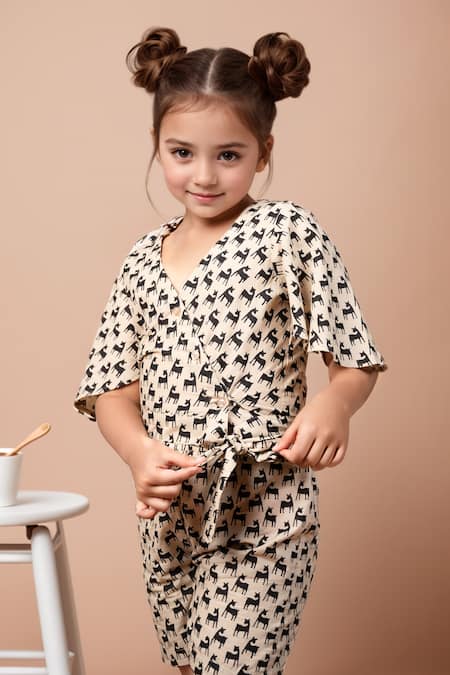 Shop Petite Pomme Beige Cotton Reindeer Whisper Print Wrap Top And Shorts Online at Aza Fashions Shop_Petite Pomme_Beige Cotton Reindeer Whisper Print Wrap Top And Shorts _Online_at_Aza_Fashions