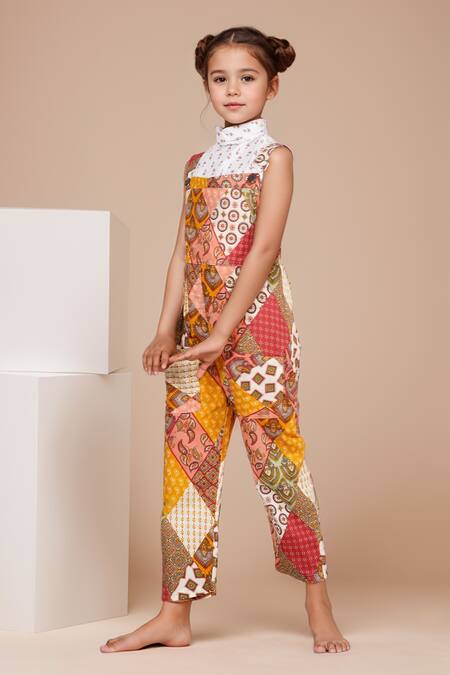 Petite Pomme_Multi Color Cotton Embroidery Floral Patchwork Dungaree Set _Online_at_Aza_Fashions