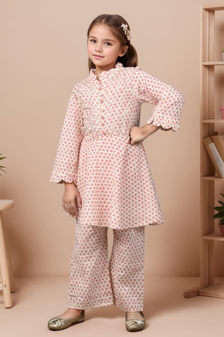 Samyukta Singhania White Cotton Gota Patti Floral Print Peplum Kurta Set 