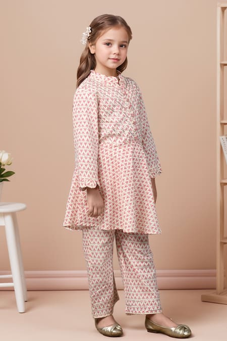 Petite Pomme_White Cotton Gota Patti Floral Print Peplum Kurta Set _Online_at_Aza_Fashions