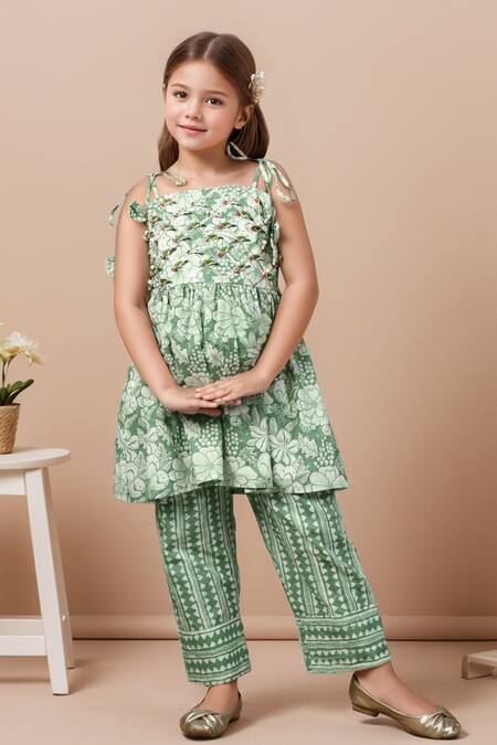Petite Pomme Green Cotton Pearls, Embroidery Floral Print Peplum Kurta Set Online at Aza Fashions Petite Pomme_Green Cotton Pearls, Embroidery Floral Print Peplum Kurta Set _Online_at_Aza_Fashions