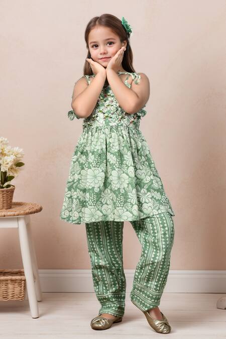 Buy Petite Pomme Green Cotton Pearls, Embroidery Floral Print Peplum Kurta Set Online at Aza Fashions Buy_Petite Pomme_Green Cotton Pearls, Embroidery Floral Print Peplum Kurta Set _Online_at_Aza_Fashions