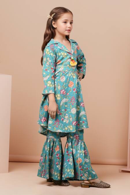 Shop_Samyukta Singhania_Blue Cotton Embroidery, Tassels Floral High Low Kurta And Sharara_Online_at_Aza_Fashions