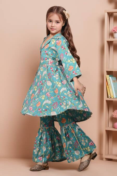 Samyukta Singhania_Blue Cotton Embroidery, Tassels Floral High Low Kurta And Sharara_at_Aza_Fashions