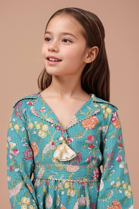 Buy_Samyukta Singhania_Blue Cotton Embroidery, Tassels Floral High Low Kurta And Sharara