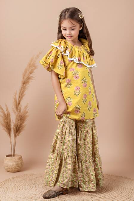 Shop Petite Pomme Yellow Cotton Lace Floral Print One Shoulder Kurta Set Online at Aza Fashions Shop_Petite Pomme_Yellow Cotton Lace Floral Print One Shoulder Kurta Set _Online_at_Aza_Fashions
