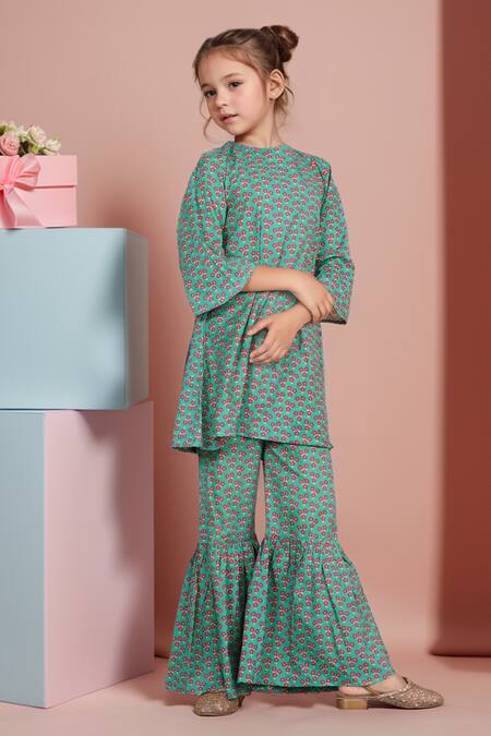 Buy Petite Pomme Green Cotton Embroidery Floral Print A-line Kurta And Sharara Set Online at Aza Fashions Buy_Petite Pomme_Green Cotton Embroidery Floral Print A-line Kurta And Sharara Set _Online_at_Aza_Fashions