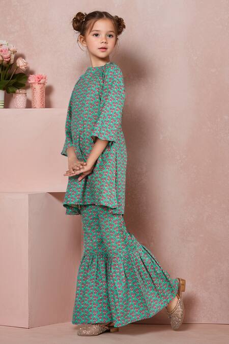 Shop Petite Pomme Green Cotton Embroidery Floral Print A-line Kurta And Sharara Set Online at Aza Fashions Shop_Petite Pomme_Green Cotton Embroidery Floral Print A-line Kurta And Sharara Set _Online_at_Aza_Fashions