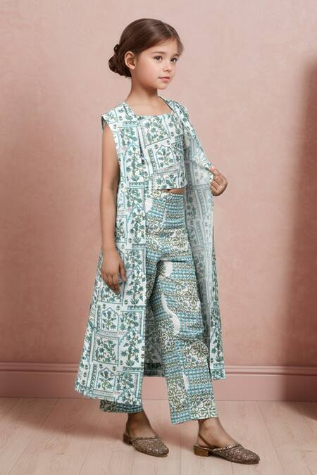 Buy_Samyukta Singhania_White Cotton Embroidery Geometric Floral Print Shrug And Pant Set_Online_at_Aza_Fashions