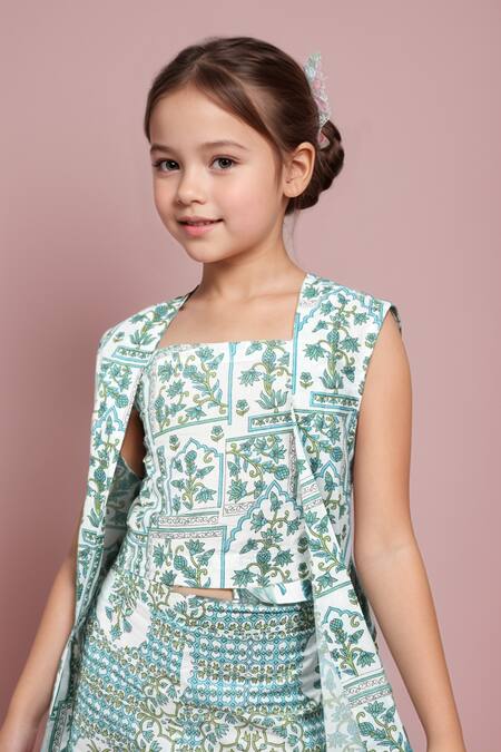 Shop_Samyukta Singhania_White Cotton Embroidery Geometric Floral Print Shrug And Pant Set_Online_at_Aza_Fashions