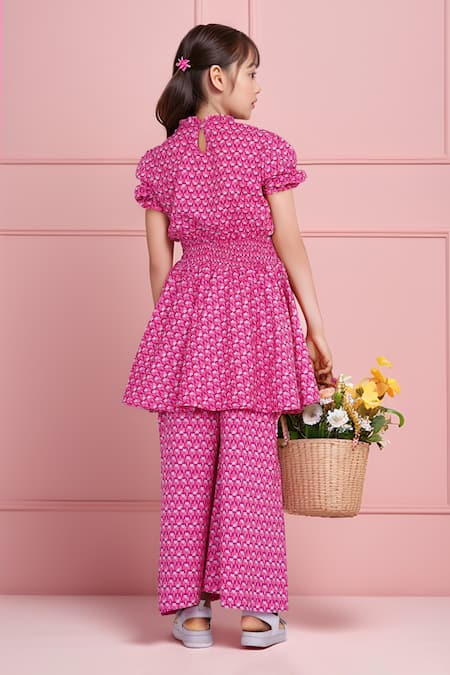 Petite Pomme Floral Print Smocked Waist Tunic & Pant Set 