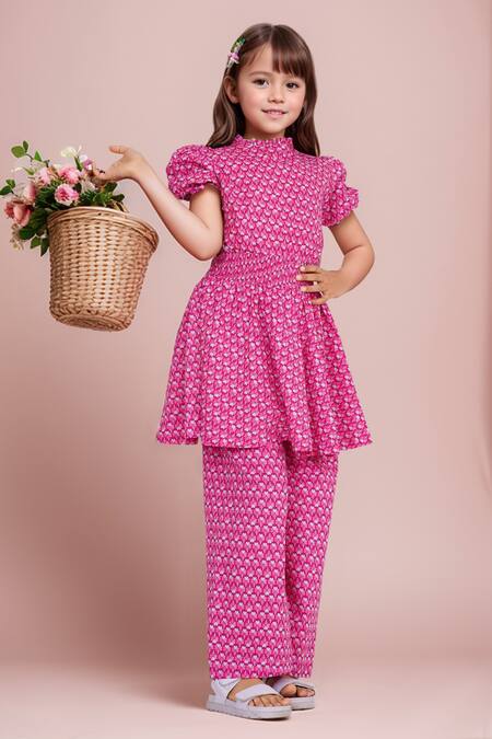 Petite Pomme Pink Cotton Floral Print Smocked Waist Tunic And Pant Set Online at Aza Fashions Petite Pomme_Pink Cotton Floral Print Smocked Waist Tunic And Pant Set _Online_at_Aza_Fashions