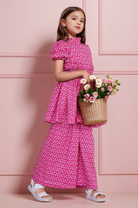 Buy Petite Pomme Pink Cotton Floral Print Smocked Waist Tunic And Pant Set Online at Aza Fashions Buy_Petite Pomme_Pink Cotton Floral Print Smocked Waist Tunic And Pant Set _Online_at_Aza_Fashions