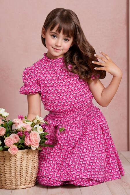 Shop Petite Pomme Pink Cotton Floral Print Smocked Waist Tunic And Pant Set Online at Aza Fashions Shop_Petite Pomme_Pink Cotton Floral Print Smocked Waist Tunic And Pant Set _Online_at_Aza_Fashions
