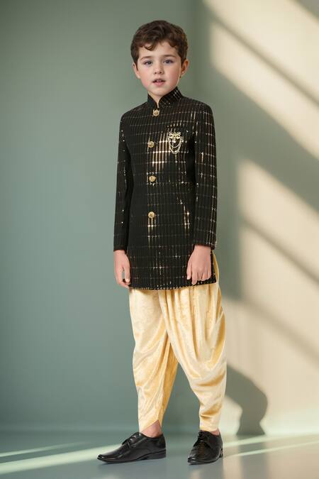 Shop Petite Pomme Black Polyester Sequins Embellished Sherwani And Salwar at Aza Fashions Shop_Petite Pomme_Black Polyester Sequins Embellished Sherwani And Salwar_at_Aza_Fashions