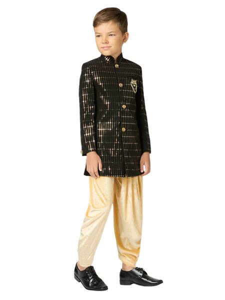 Shop Petite Pomme Black Polyester Sequins Embellished Sherwani And Salwar Online at Aza Fashions Shop_Petite Pomme_Black Polyester Sequins Embellished Sherwani And Salwar_Online_at_Aza_Fashions
