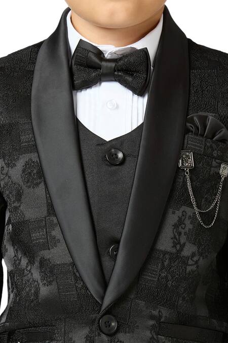 Petite Pomme_Black Polyester, Jacquard Bloom Woven Blazer Trouser Set _Online_at_Aza_Fashions