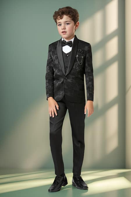 Shop_Petite Pomme_Black Polyester, Jacquard Bloom Woven Blazer Trouser Set _Online_at_Aza_Fashions