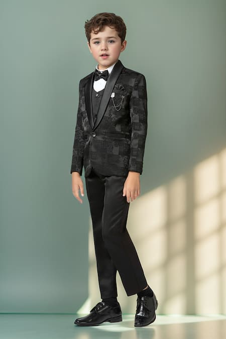 Petite Pomme_Black Polyester, Jacquard Bloom Woven Blazer Trouser Set _at_Aza_Fashions