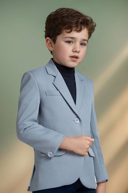 Shop_Petite Pomme_Gray Polyester Solid Lapel Collar Blazer _Online_at_Aza_Fashions