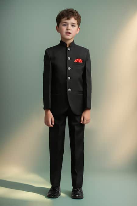Shop_Petite Pomme_Black Polyester Solid Jodhpuri And Trouser Set _at_Aza_Fashions
