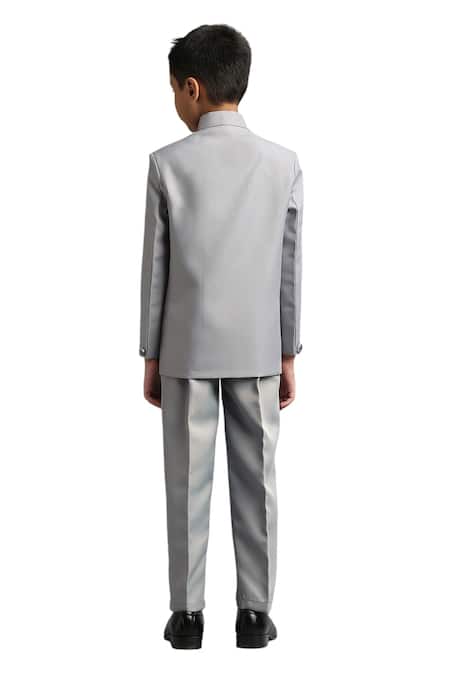 Shop Petite Pomme Gray Polyester Solid Button Down Jodhpuri And Trouser Set at Aza Fashions Shop_Petite Pomme_Gray Polyester Solid Button Down Jodhpuri And Trouser Set _at_Aza_Fashions