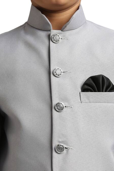 Petite Pomme Gray Polyester Solid Button Down Jodhpuri And Trouser Set Online at Aza Fashions Petite Pomme_Gray Polyester Solid Button Down Jodhpuri And Trouser Set _Online_at_Aza_Fashions